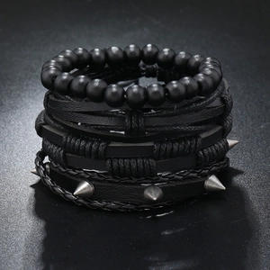 Men Retro Punk Hip Hop Multilayer Bracelet Handwoven Leather Alloy Rivet Wood Beads Bangle Wristband Jewelry Accessory