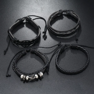 Lot de bracelets en cuir noir pour homme avec pendentifs étoile et ancre