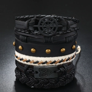 Men Retro Punk Multi-layer Leather Bracelet Anchor Heart Charms Handwoven Alloy Leather Hemp Rope Wax Cord Jewelry Gift