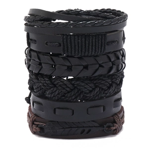 Punk 6-piece multilayer black braided leather bracelet set with feather metal charm