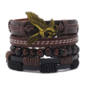4-piece vintage leather bracelet set with eagle pendant and wooden beads for men