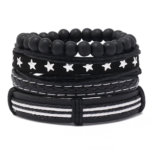 Men Vintage Handmade Woven Leather Bracelet Black Star Charm Punk Bohemian Fashion Stackable Wristband Accessory Jewelry