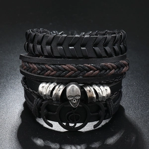 Vintage Punk Men Leather Woven Bracelet Skull Anchor Treble Clef Charm Multilayer Adjustable Braid Bracelet Jewelry Accessory