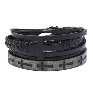 Men's two-piece multi-layer braided leather bracelet set with black cross pendant and engraving