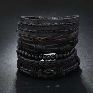 Bracelet multicouche en cuir tressé pour homme avec perles en bois et style vintage