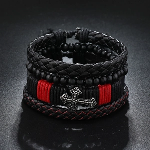 Men Vintage Multilayer Woven Leather Bracelet Alloy Cross Pendant Wood Beads Adjustable Punk Biker Wristband Retro Jewelry