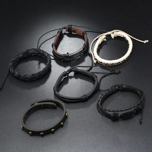 Vintage 6-piece handmade leather bracelet set with anchor and heart charms for men