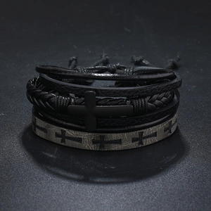 Men's multilayer braided leather cross bracelet set with adjustable cord in black and grey