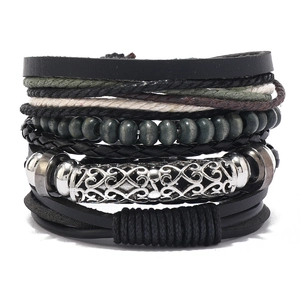 Men's multilayer leather bracelet set with wooden beads and silver metal tube detail