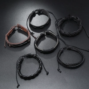6-piece set of men's punk black leather braided bracelets with adjustable wrap cord