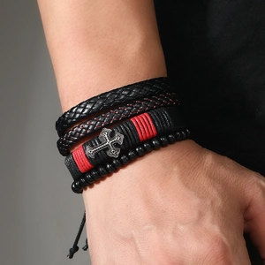 Men's multilayer braided leather bracelet set with red stitching and silver cross charm
