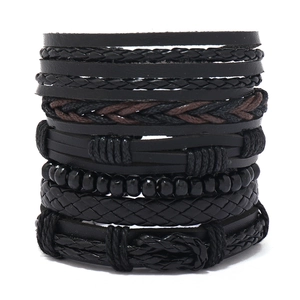 Bracelet multicouche en cuir tressé pour homme avec perles noires style vintage boho