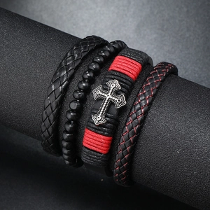 Men's retro multi-layer PU leather braided bracelet set with silver metal cross