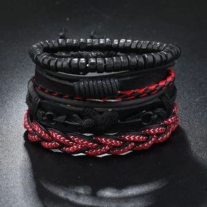 Set di bracciali punk da uomo in pelle con perline di legno e corde intrecciate, 4 pezzi