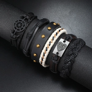 6-piece men's punk set featuring woven leather bracelets with anchor and heart charms