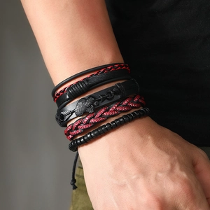 Punk style multi-layer leather wrap bracelet set with wooden beads and arrow charms