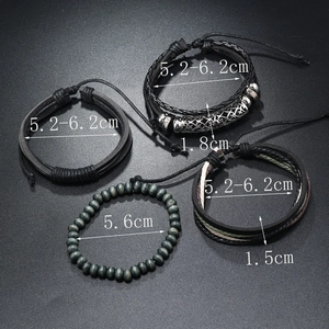Detailed flat lay of 4-piece men's leather bracelets with wood beads and vintage metal tube