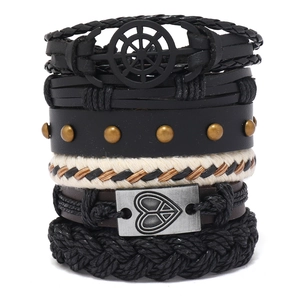Retro 6-piece men leather bracelet set with anchor and heart charms in black and brown