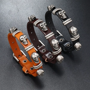 Men Punk Skull Alloy Leather Bracelet Vintage Gothic Adjustable Belt Buckle Rivet Wristband Handmade Rock Jewelry