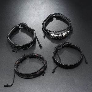 Set of 4 handmade braided leather skull and anchor bracelets for men with adjustable cords