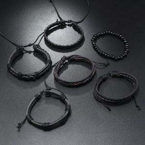 Ensemble de 6 bracelets en cuir tressé pour hommes avec perles en bois réglables