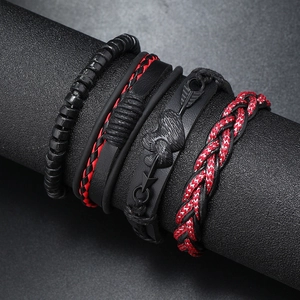 4pcs punk leather bracelet set for men featuring wood beads and heart arrow metal charm