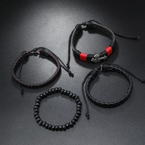 4-piece vintage PU leather braided bracelet set with stainless steel cross charm