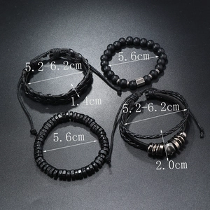 Detail view of black beaded and woven leather multi-layer bracelet set with dimensions