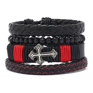 Men's 4pcs stackable leather bracelet set featuring vintage cross and black braided ropes