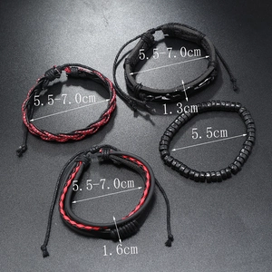 Detail view of four-piece leather wrap bracelets with adjustable sizing measurements