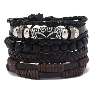 Men's multilayer leather bracelet set with woven straps and vintage silver charms
