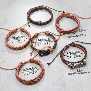 Detaillierte Größentabelle für das 6-teilige Vintage-Lederarmband-Set mit Durchmesserangabe