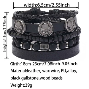 Detailed view of layered men's bracelet set with size specs and skull charms