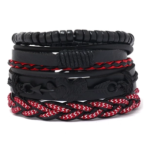 Punk style multi-layer men's bracelet set with wood beads and leather braid