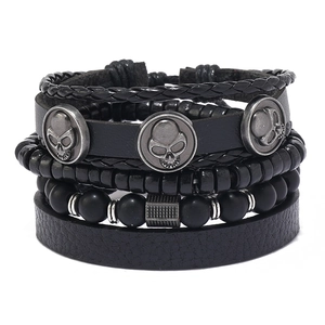 Men's retro multi-layer bracelet set with matte beads and skull charms in black leather