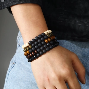 Set de bracelets multicouches rétro pour hommes avec pierres de lave noire et oeil de tigre
