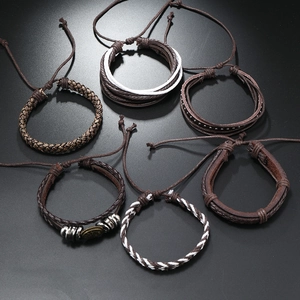 6-piece set of men's multilayer braided leather bracelets with vintage charms and adjustable cords