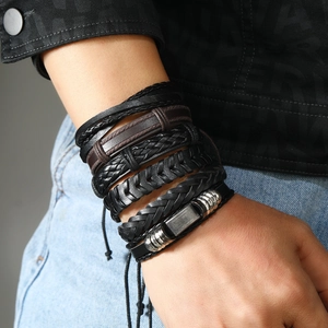 12-piece set of men's multilayer braided leather bracelets with metallic accents