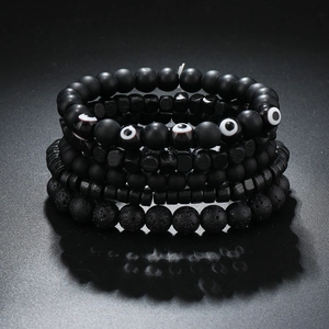 Men Evil Eye Natural Lava Stone Wood Bead Bracelet Set Black Beaded Layered Ethnic Punk Style Handmade Jewelry Gift