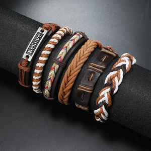 Lot de 6 bracelets en cuir tressé vintage pour homme avec plaque métallique Believe