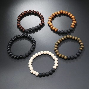 Lot de 5 bracelets pour hommes en perles de bois naturel et pierre de lave volcanique