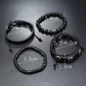 Detail of four-piece men's black matte bead and leather layered bracelet set with dimensions
