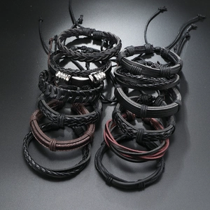 12-piece minimalist multi-layer woven leather bracelet set for men in black and brown tones