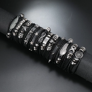 Set de 12 bracelets punk en cuir pour homme avec tête de mort, plume et étoile