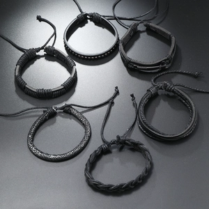 Men's 6-piece black leather punk bracelet set with woven ropes and metal studs
