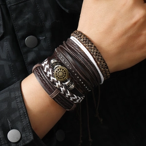 Men's vintage multilayer leather bracelet set with bronze sun charm and metal beads