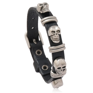 Men's punk leather skull bracelet featuring silver charms and adjustable buckle strap
