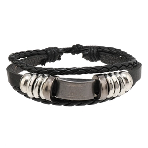 12-piece set of men's multilayer black woven leather bracelets with silver metal accents