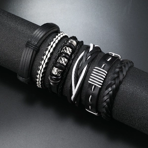 Men's 6-piece multilayer bracelet set with black leather and woven cords on display