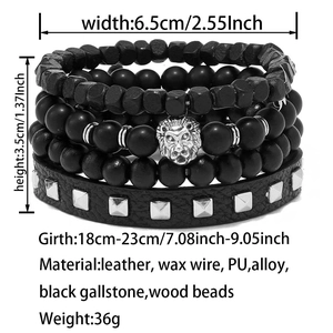 Detail view of multilayer beaded bracelet set with lion head charm and size specifications